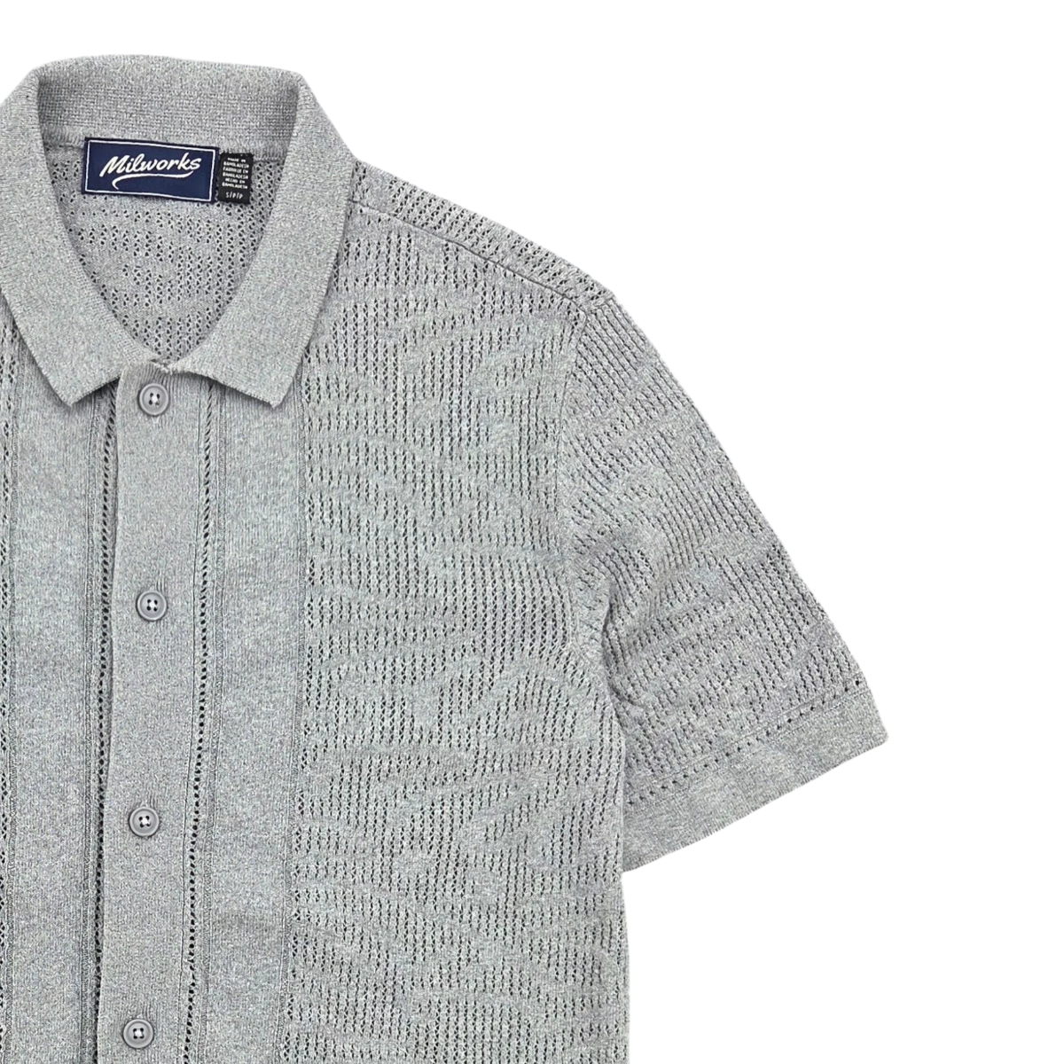 MILWORKS pearl grey short sleeve cotton knit shirt with a textured pattern and button-up collar.