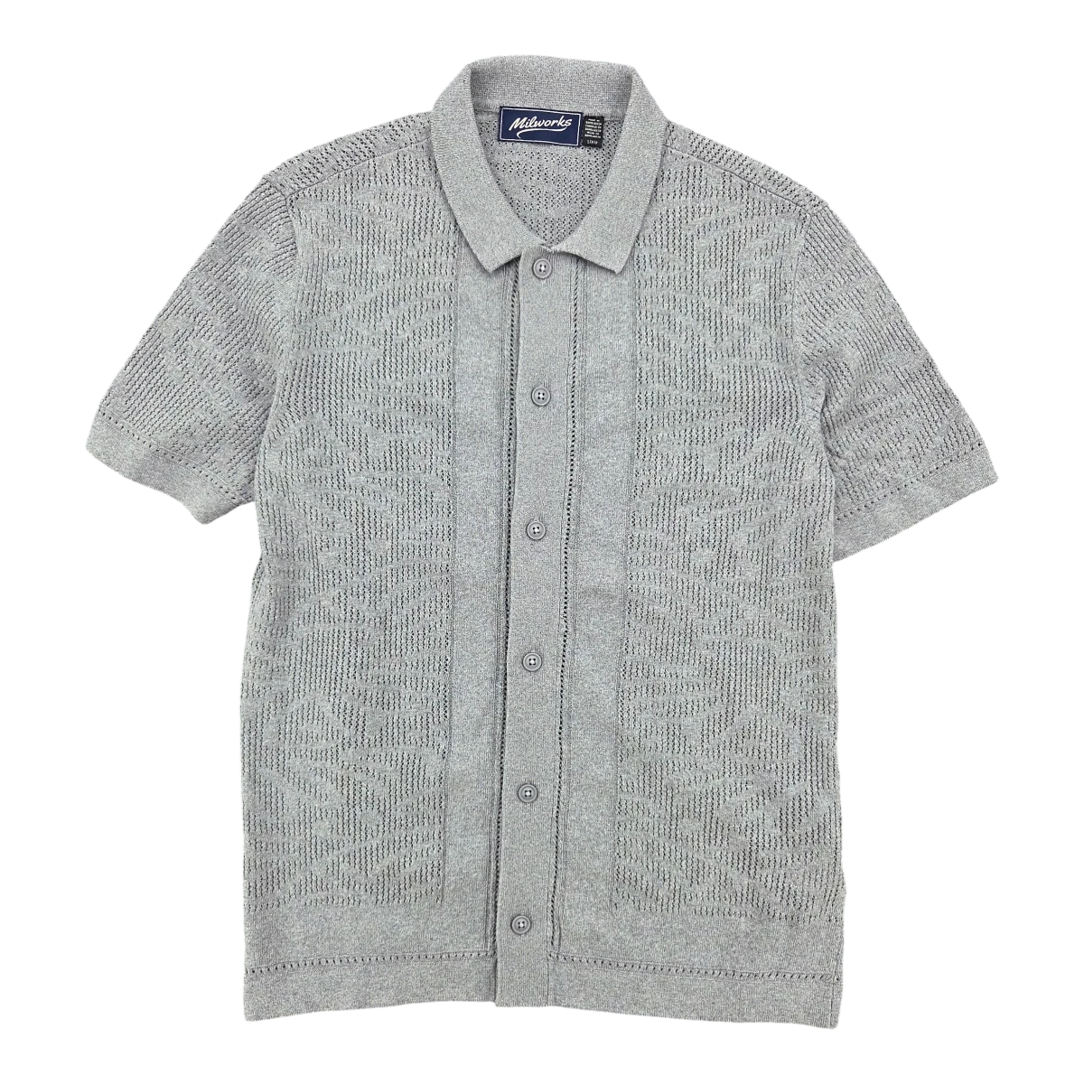 MILWORKS short sleeve pearl grey cotton knit shirt with a textured geometric pattern and button front.