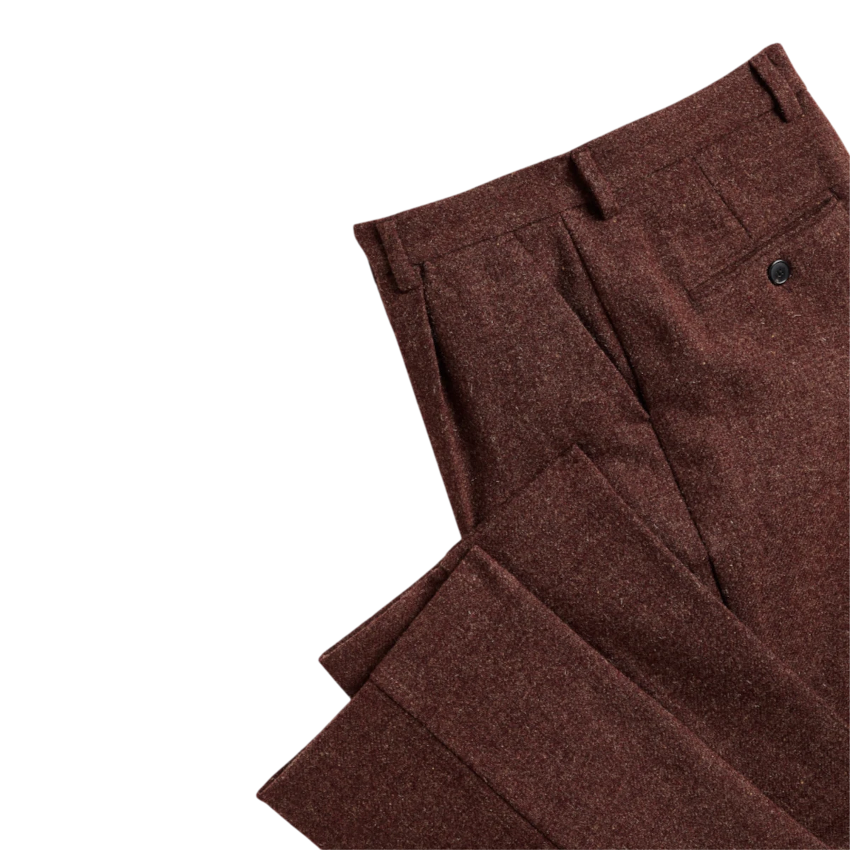 MILWORKS Single Pleat Trousers in dark brown virgin wool with a textured finish and recycled polyester buttons