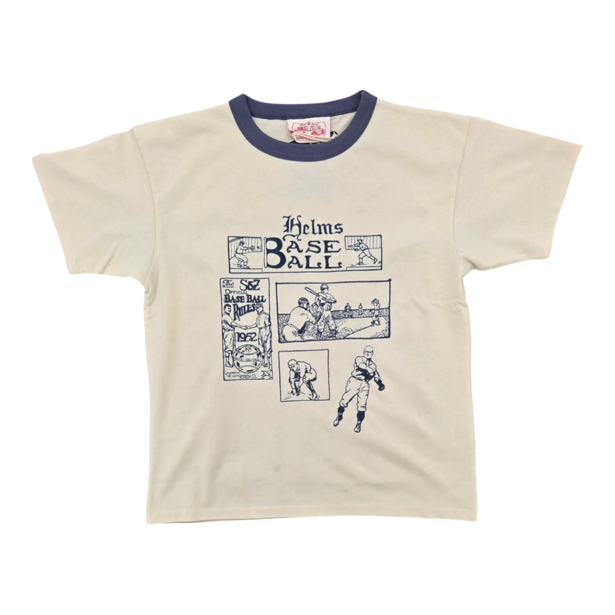 MILWORKS slate blue ringer t-shirt with vintage Helms Baseball graphic print and contrast collar
