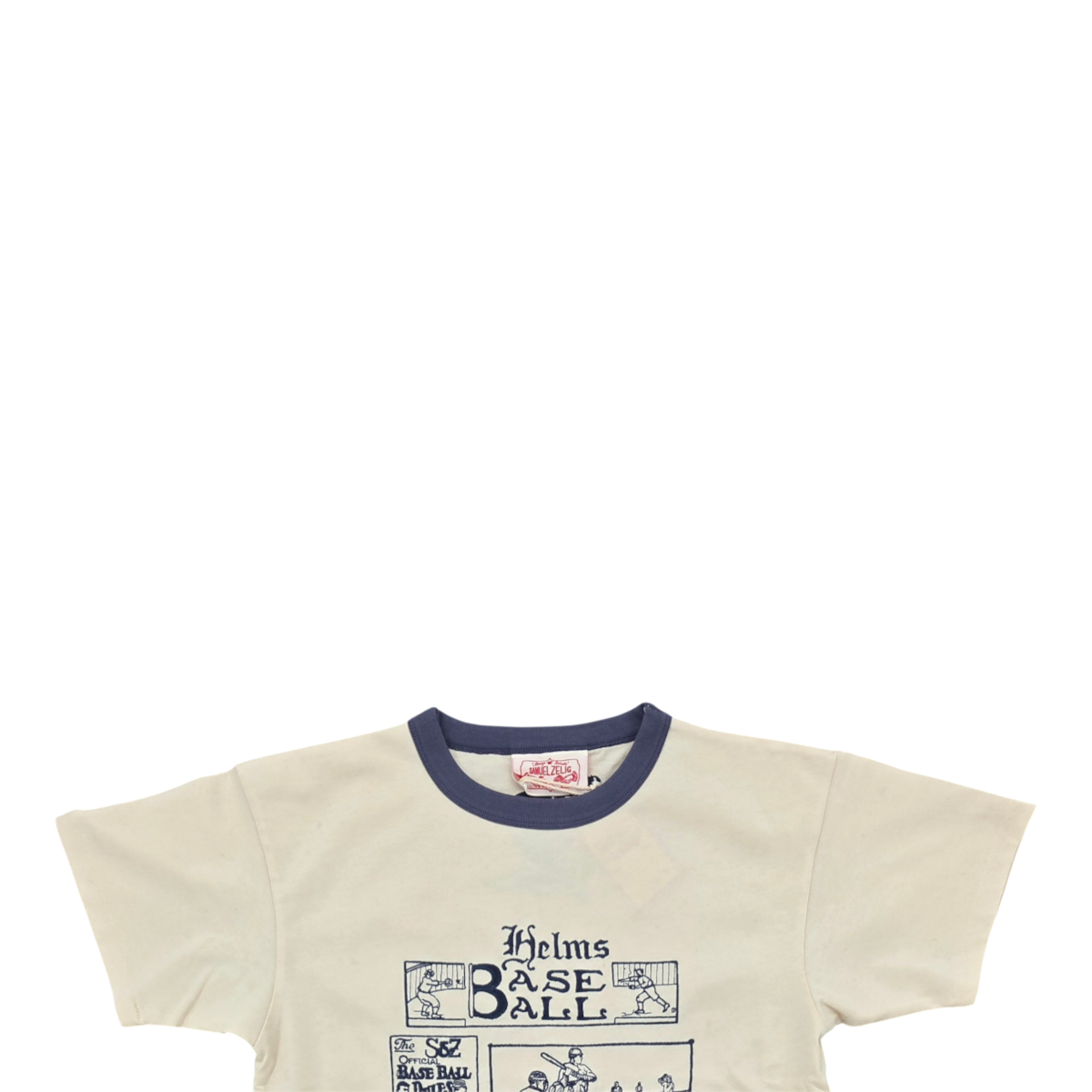 MILWORKS slate blue ringer t-shirt featuring vintage Helms Baseball graphic print on cream cotton fabric