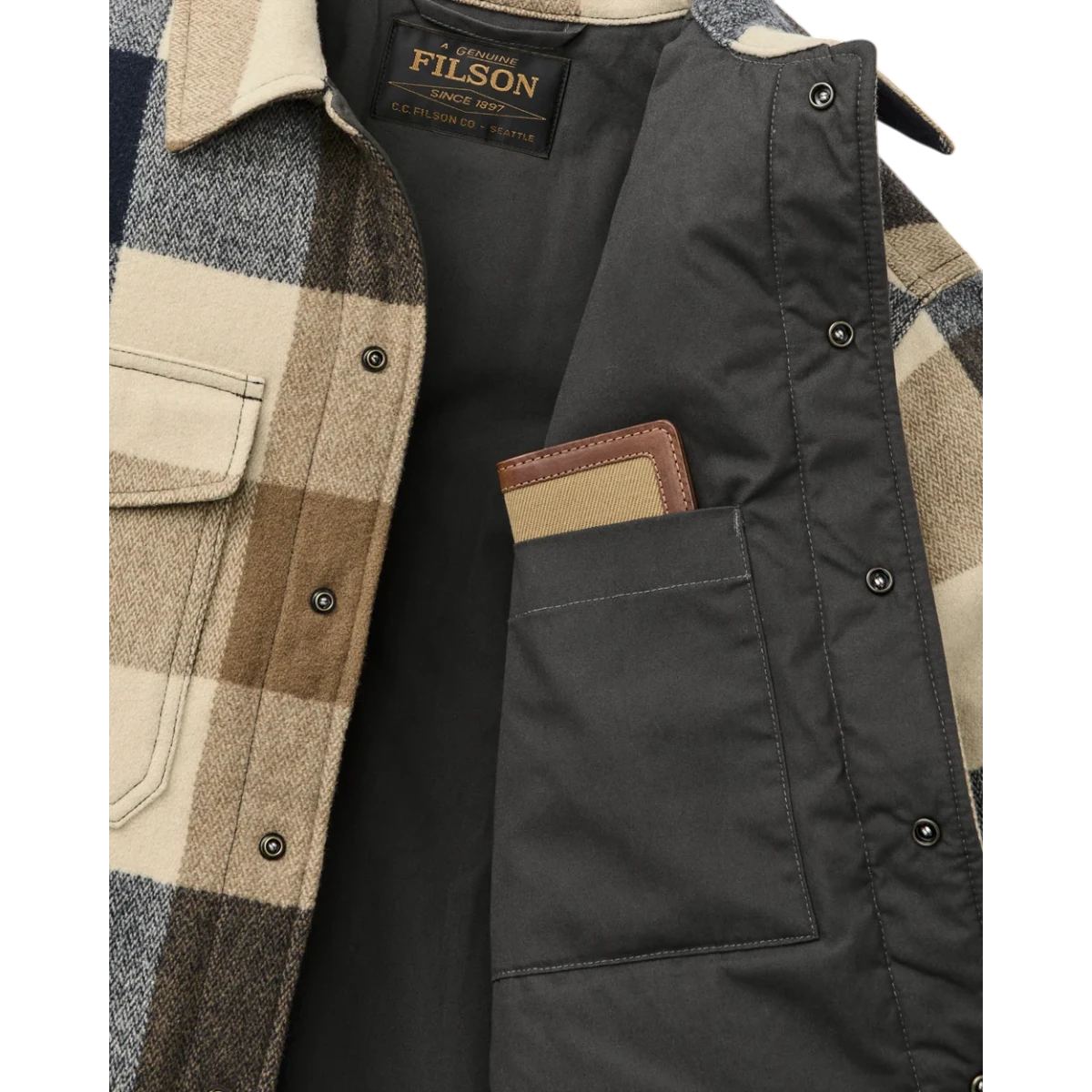 MILWORKS Spokane insulated jac-shirt in cream and navy plaid with interior pocket and snap-front closure