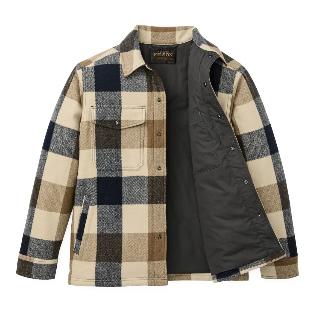 MILWORKS Spokane insulated jac-shirt in cream and navy plaid wool-blend with snap-front closure and dark lining