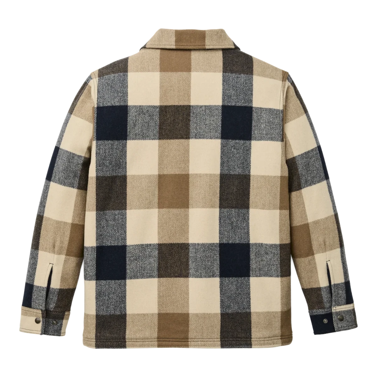 Back view of MILWORKS Spokane insulated jac-shirt in cream and navy wool-blend plaid with snap cuffs.