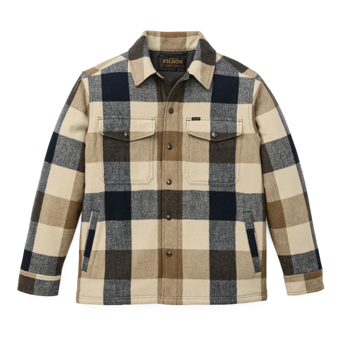 MILWORKS Spokane insulated jac-shirt in cream and navy plaid wool-blend with snap-front and chest pockets