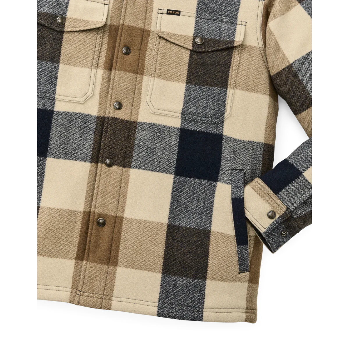 MILWORKS Spokane insulated jac-shirt in cream and navy plaid wool-blend featuring snap-front and chest pockets.