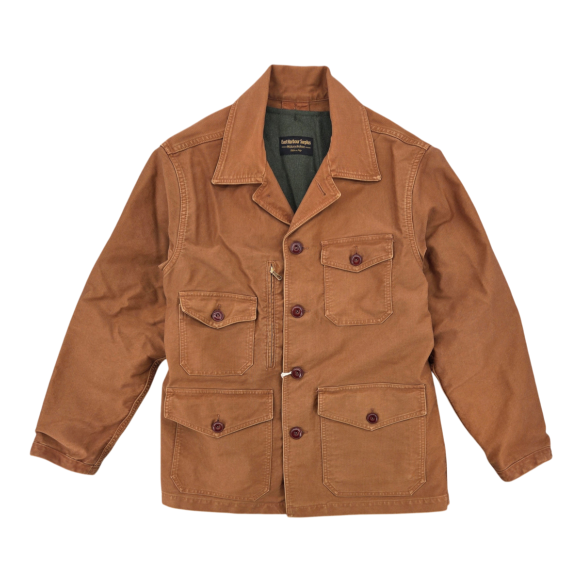 MILWORKS East Harbour Surplus Stanton cotton jacket in toffee brown with multiple utility pockets and button front.