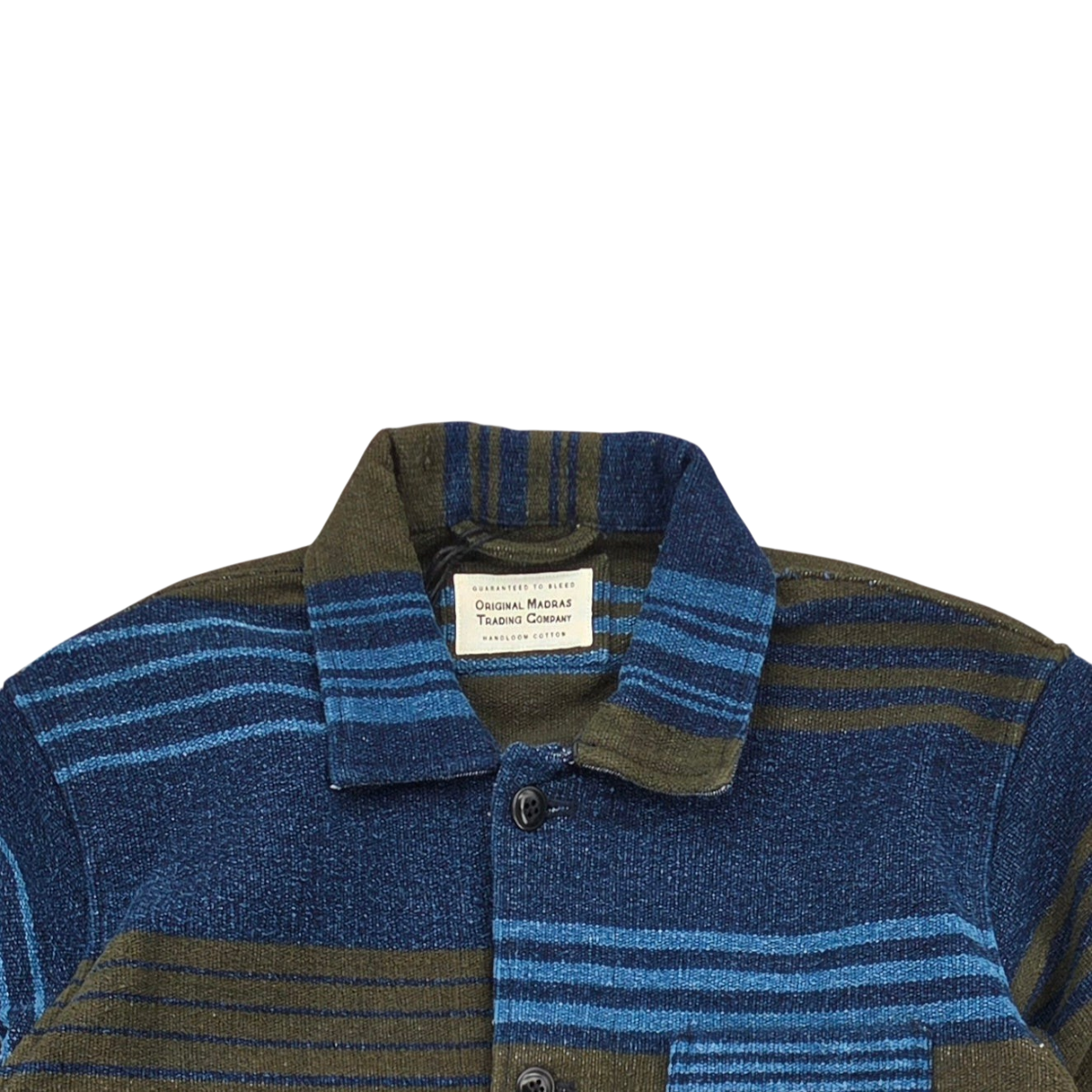 MILWORKS No140 Stout chore jacket in olive and blue multi-stripe handwoven cotton with a classic collar.