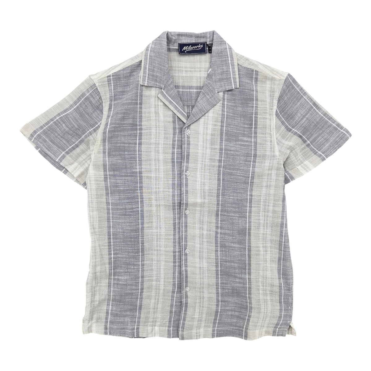 MILWORKSH men's short-sleeve camp shirt in grey and white vertical stripes, made of breathable cotton with a woven texture.