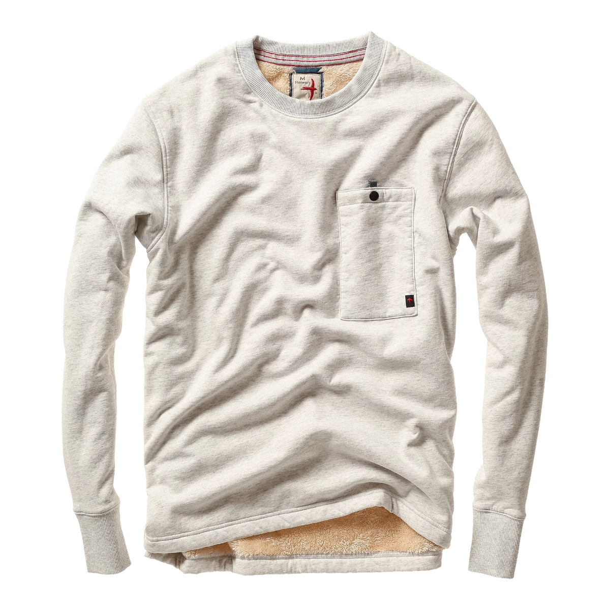 Milworks Superfleece crew neck sweatshirt in chalk heather with a chest pocket and sherpa-lined interior.