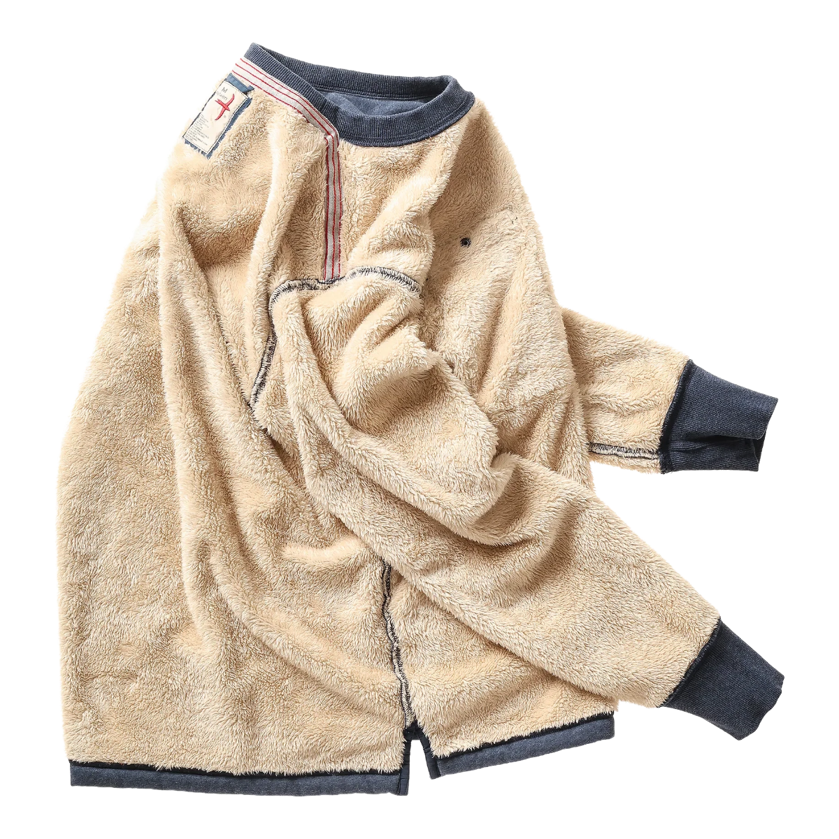Milworks Superfleece crew sweatshirt in navy with a soft, tan sherpa fleece interior lining and ribbed cuffs.