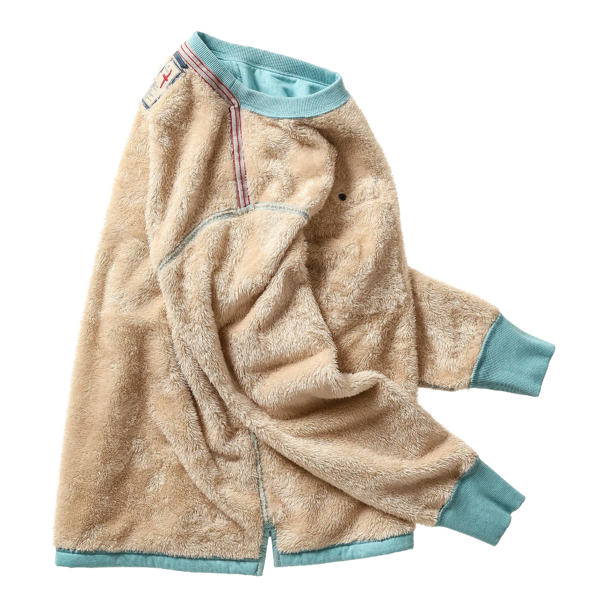 Milworks Superfleece crew sweatshirt in ocean heather with a soft sherpa fleece interior and ribbed trim.