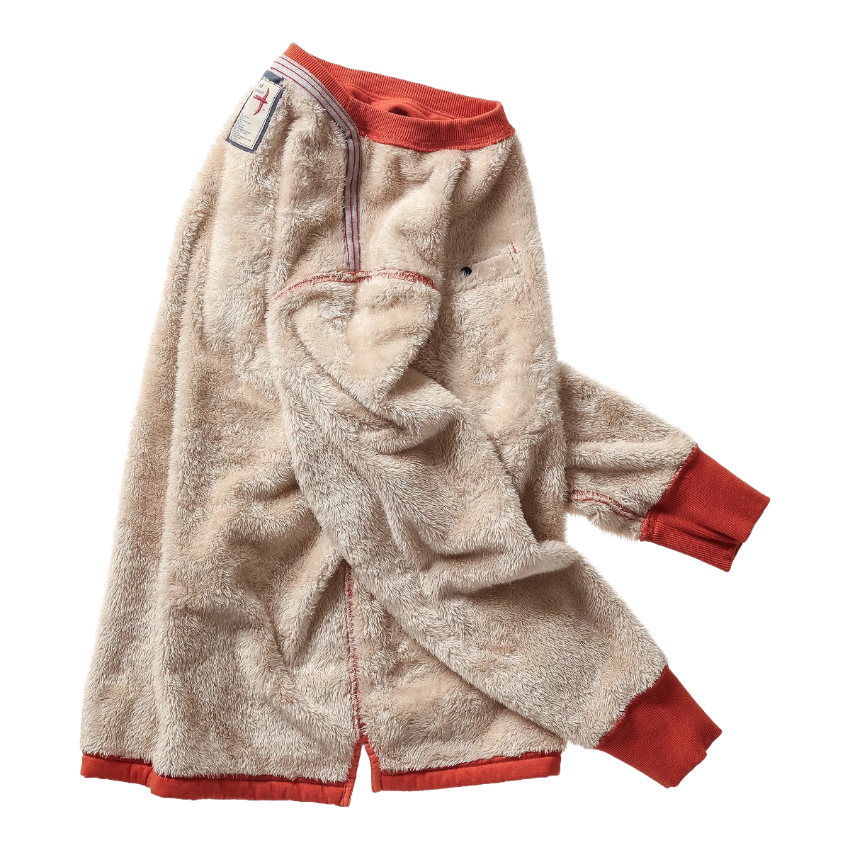 Milworks Paprika Heather Superfleece crew sweatshirt showing the soft sherpa fleece interior and ribbed cuffs.