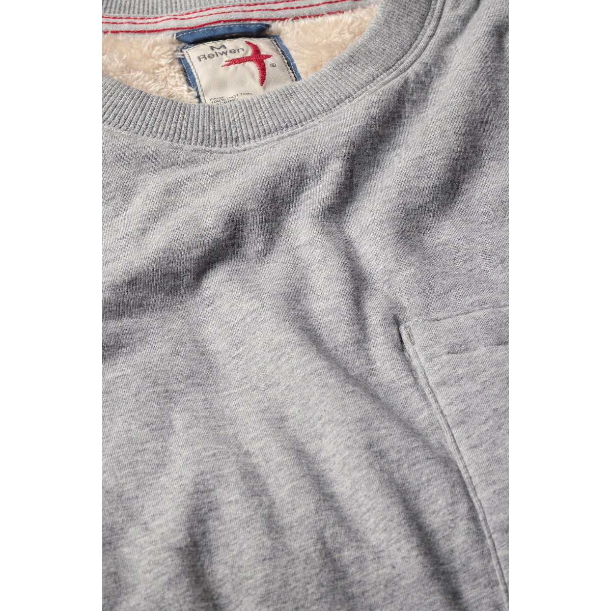 Milworks grey heather cotton jersey sweatshirt with sherpa fleece lining and chest pocket detail.
