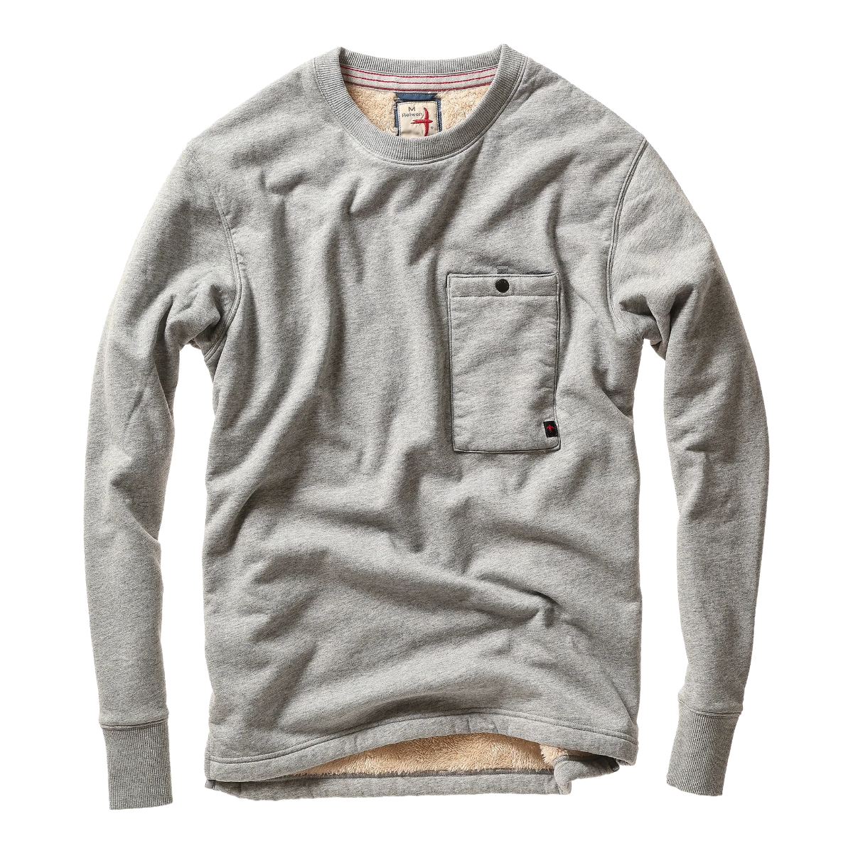 Milworks grey heather cotton jersey crewneck sweatshirt with sherpa lining and chest pocket on black background.