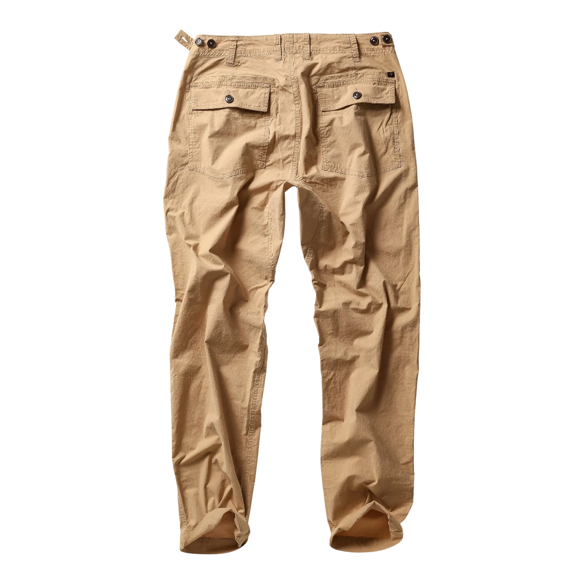 MILWORKs Relwen Suprfly Supply Pant in light camel cotton with two back flap pockets and adjustable waist tabs.