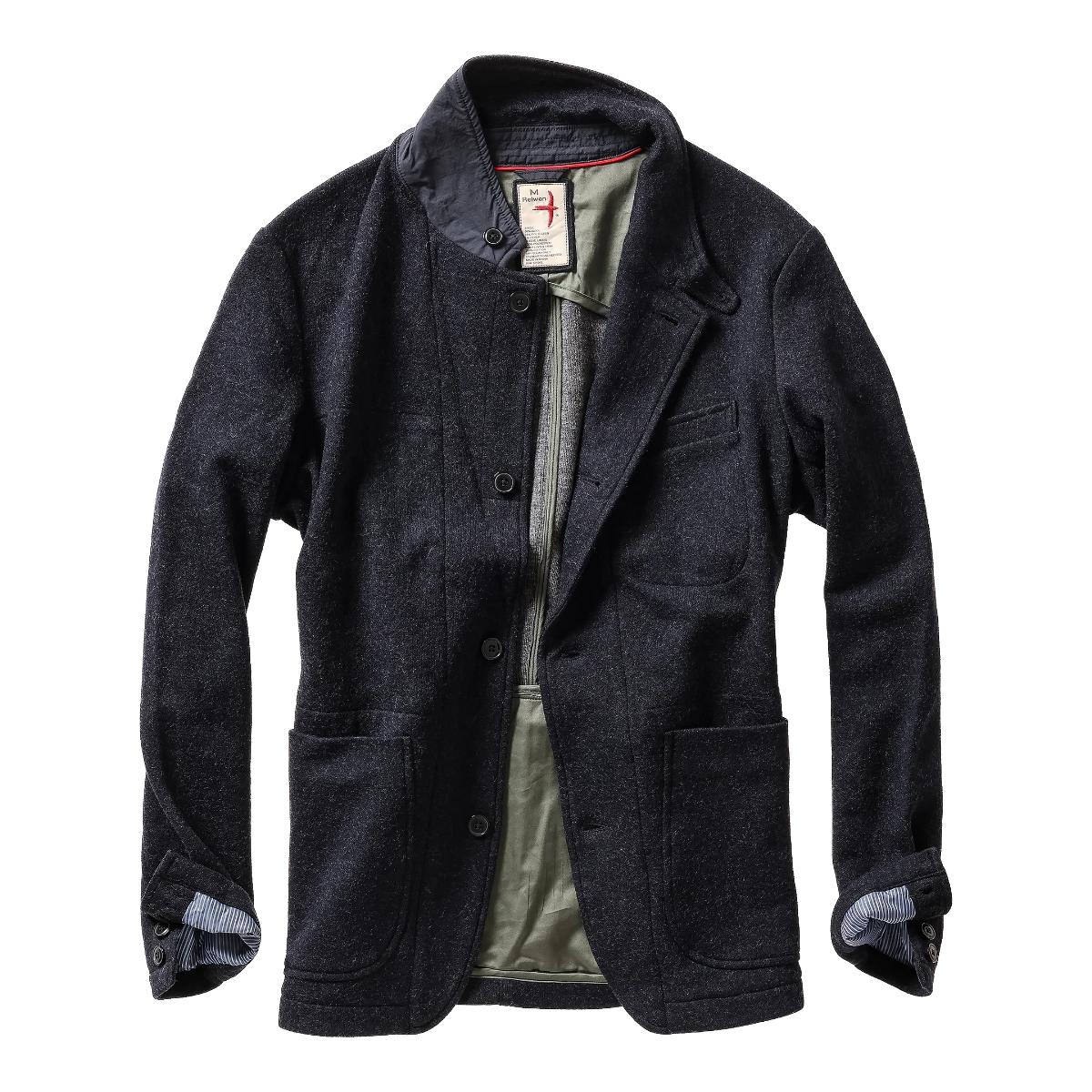 Milworks Sweater Trap blazer in dark navy heather wool-blend knit with working sleeve buttons and interior lining.