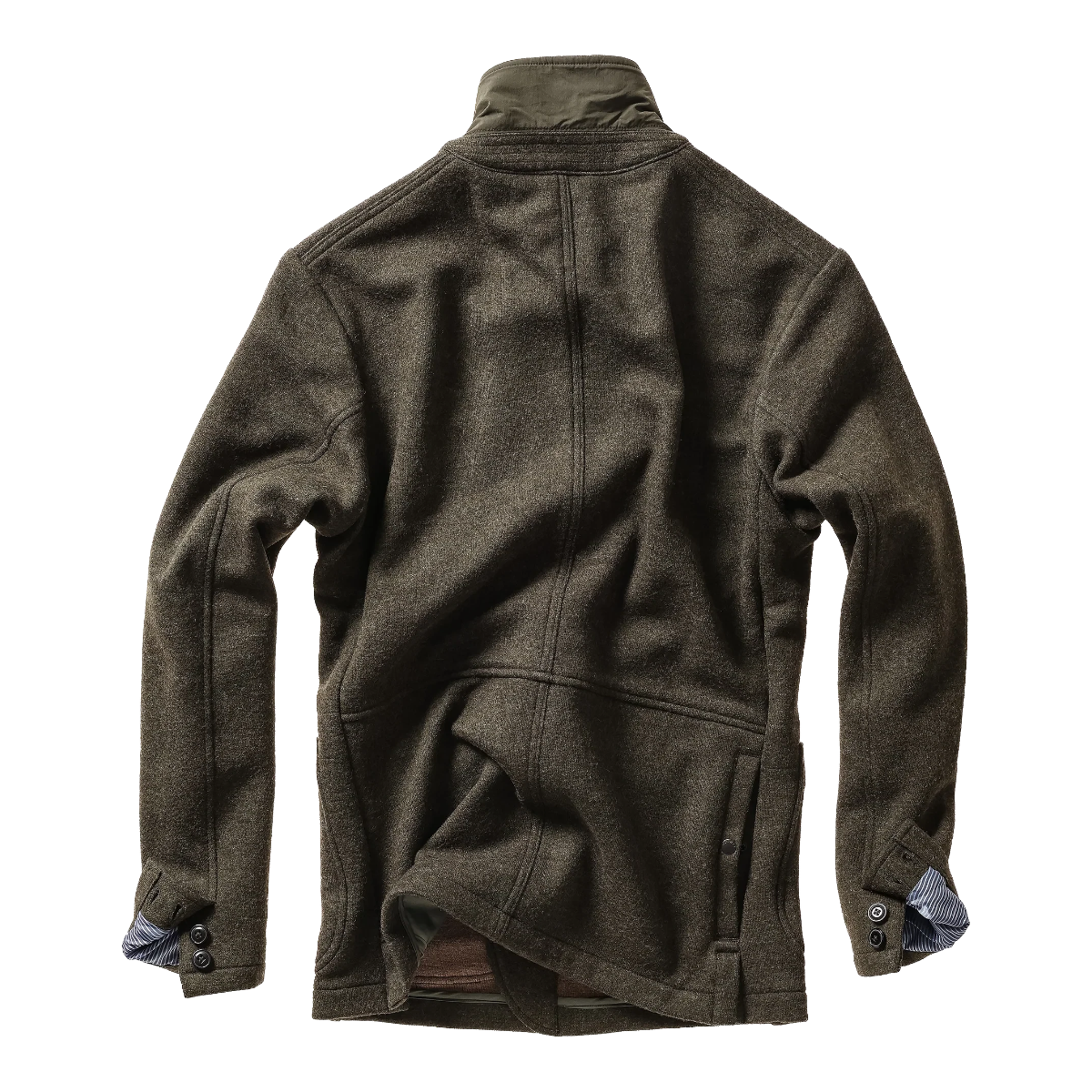Milworks Sweater Trap blazer in loden heather wool-blend knit with rear game pocket and working sleeve buttons.