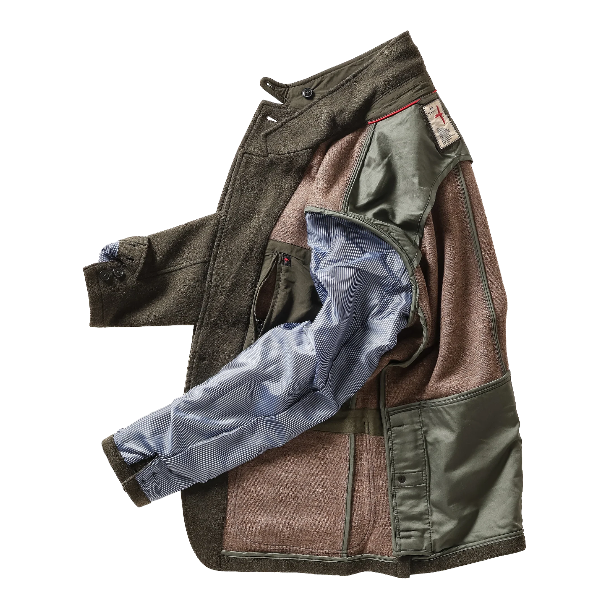 Milworks Sweater Trap blazer in loden heather wool blend with interior stripe lining and game pocket detail.