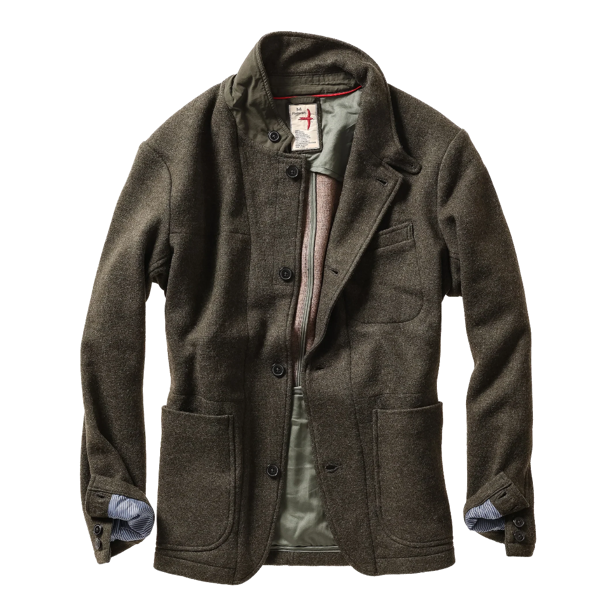 Milworks Sweater Trap blazer in loden heather wool-blend knit with working sleeve buttons and interior detailing.
