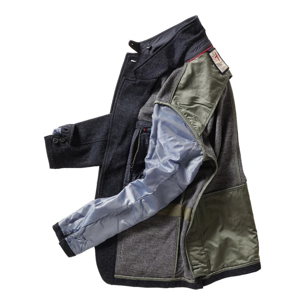 MILWORKS Sweater Trap blazer in dark navy heather wool blend with striped sleeve lining and interior game pocket.