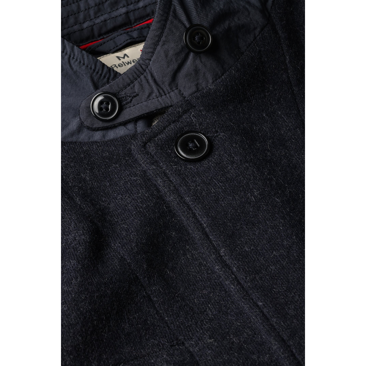 Milworks dark navy heather wool-blend sweater blazer with nylon collar trim and button front detail.