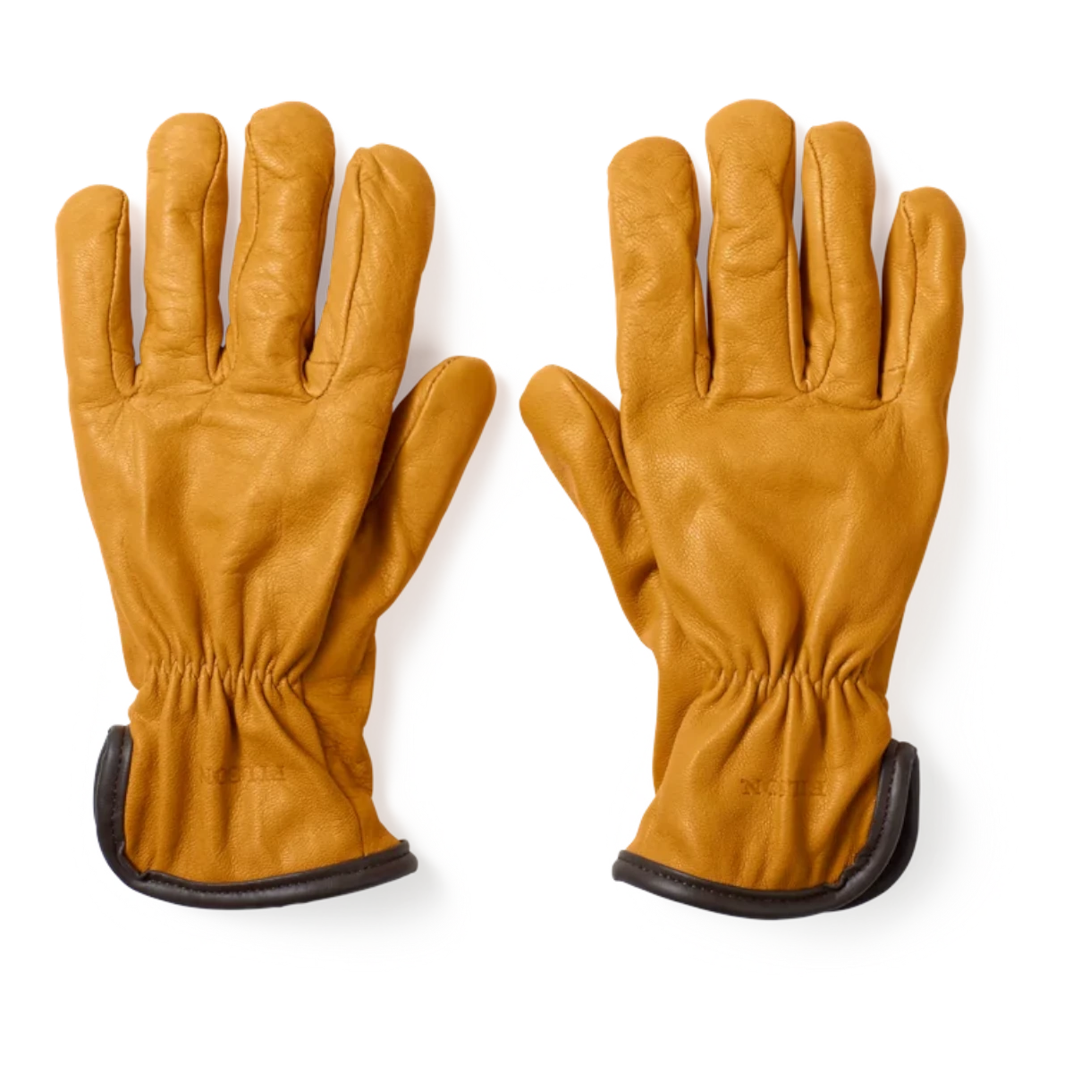MILWORKS tan goatskin work gloves with wool lining, elastic wrists, and winged thumbs on a white background.