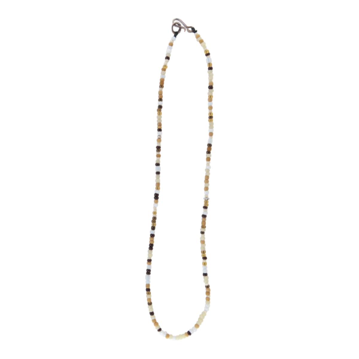 MILWORKS hand-crafted beaded necklace in tan and multi-coloured glass beads, handmade in Japan.