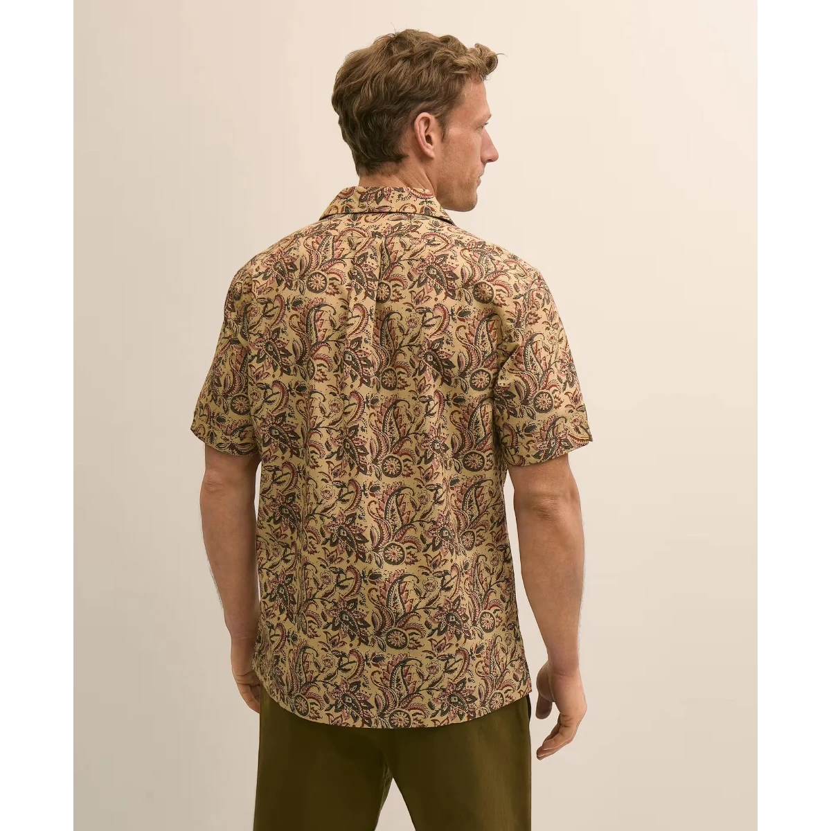MILWORKS men's tan cotton camp collar shirt with paisley block print. Short sleeves, regular fit.