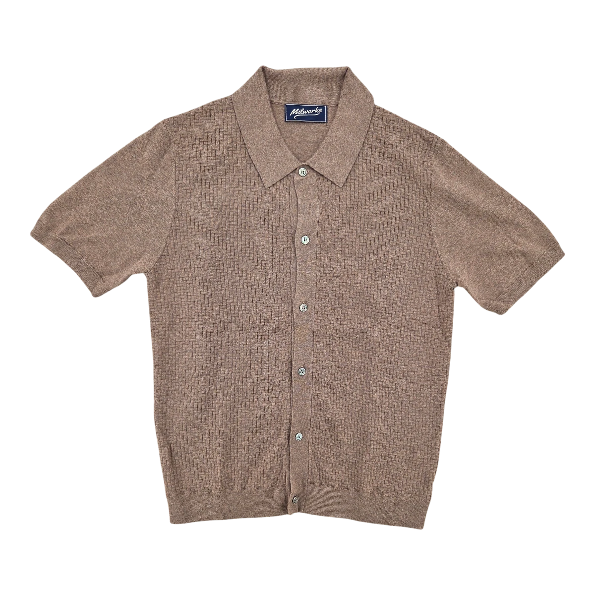 MILWORKS taupe short sleeve knit shirt with textured pattern, collared neckline, and button-up front. Made from cotton and cashmere blend.
