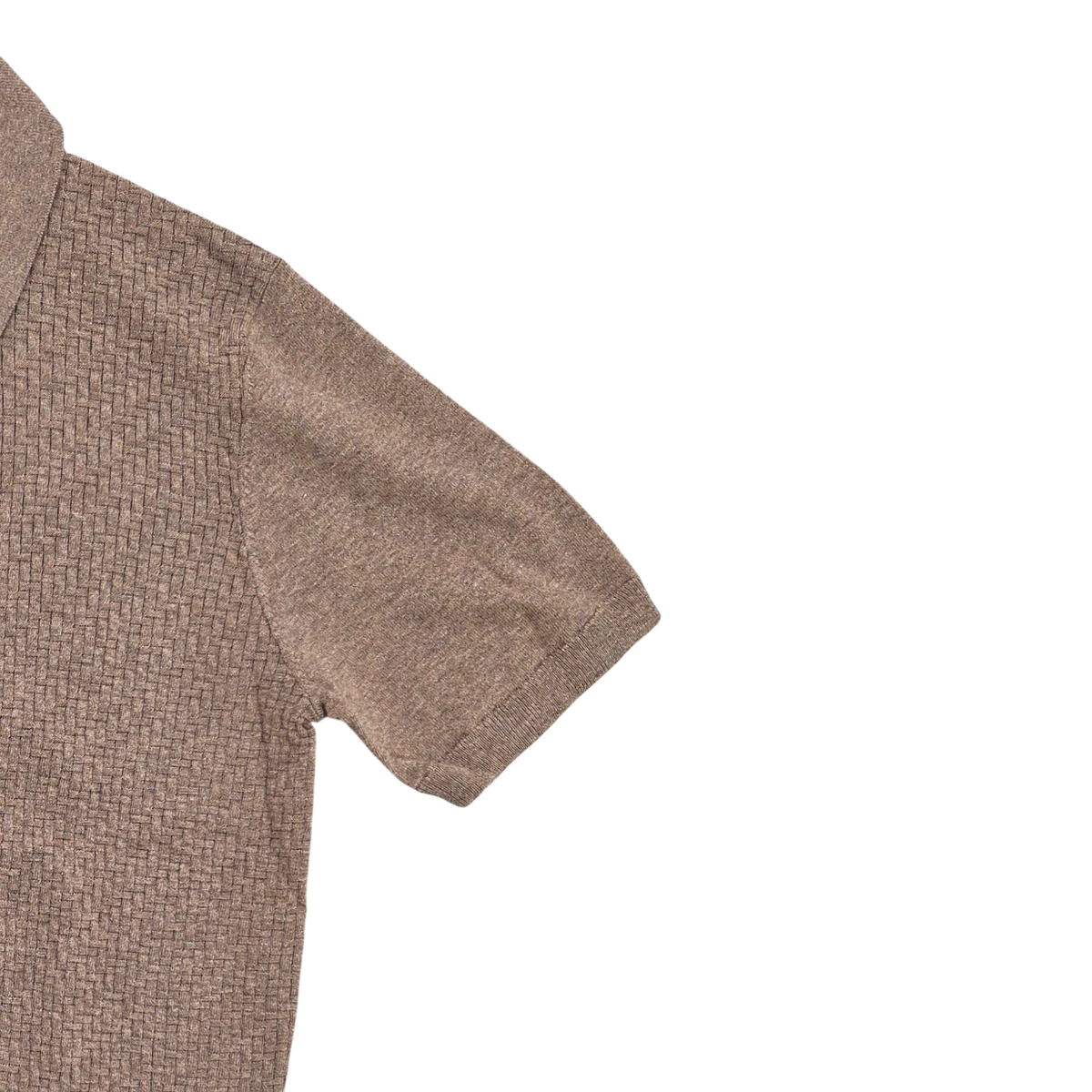 MILWORKS taupe short sleeve knit shirt made from a cotton-cashmere blend with a textured weave.