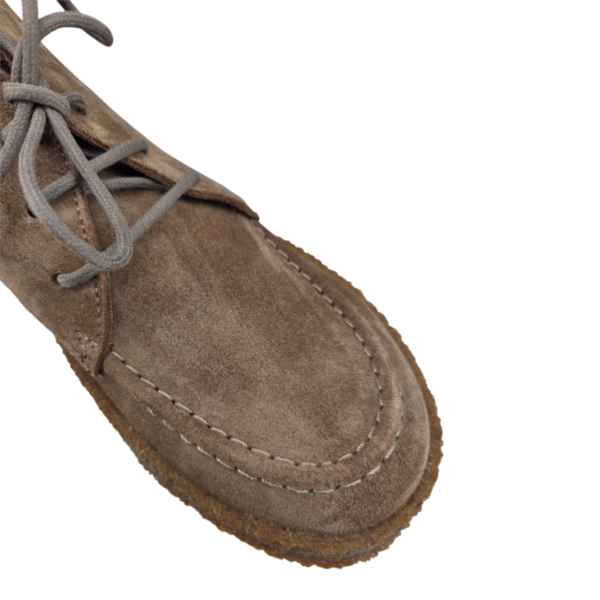 MILWORKS Astorflex Aliflex taupe suede moc toe desert boot with natural rubber crepe sole and tonal lace-up closure