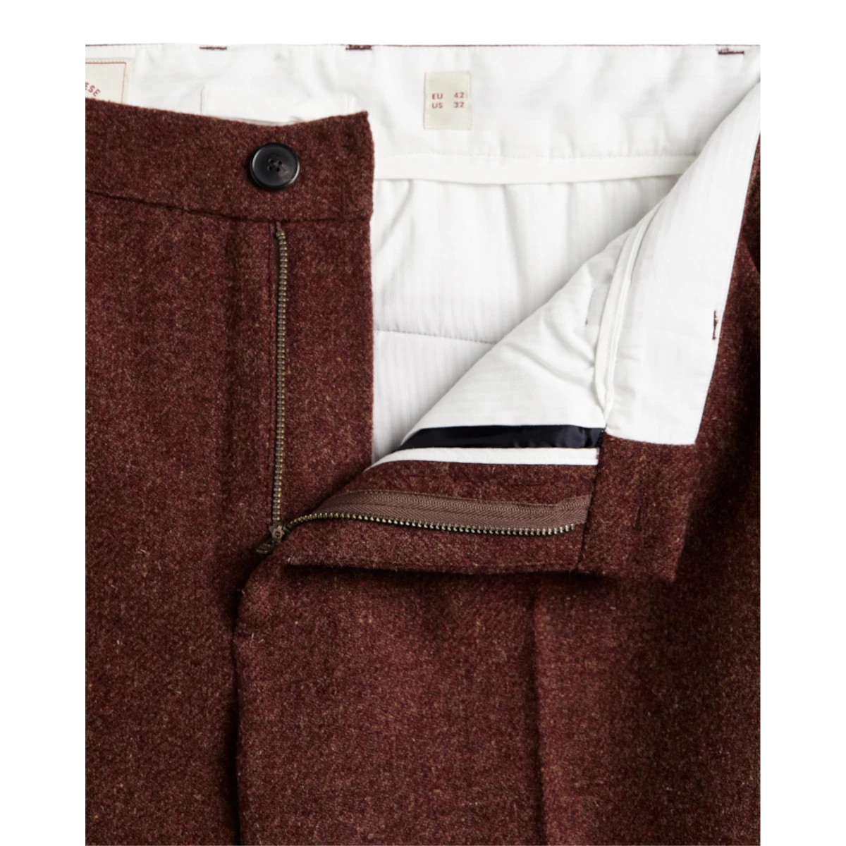 MILWORKS Portuguese Flannel single pleat trousers in terroir brown virgin wool with a button fly and white lining