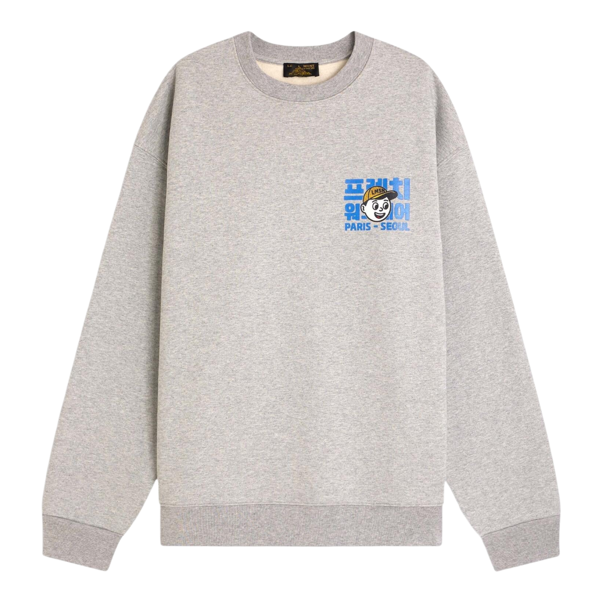 MILWORKS Thamar grey heavyweight cotton fleece sweatshirt featuring a vintage-inspired Paris and Seoul chest graphic.