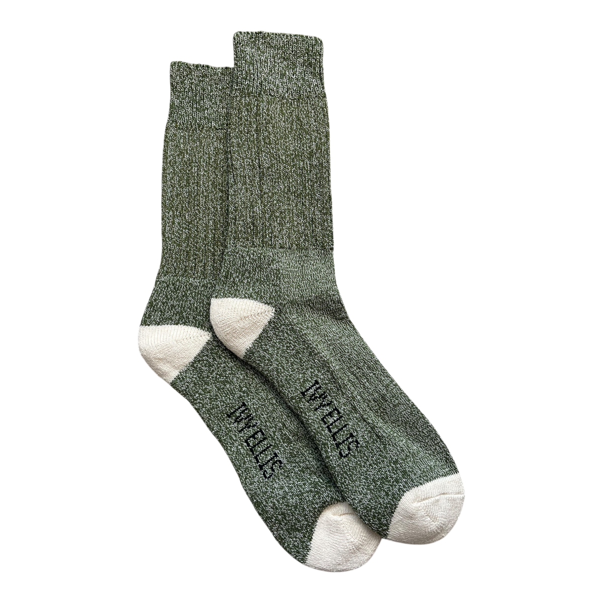 MILWORKS The Captain crew length socks in green cotton blend with contrasting cream heel and toe details.