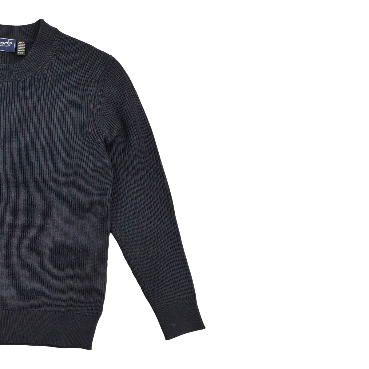 MILWORKS Thomas crew sweater in dark storm charcoal grey with a ribbed knit texture and long sleeves.