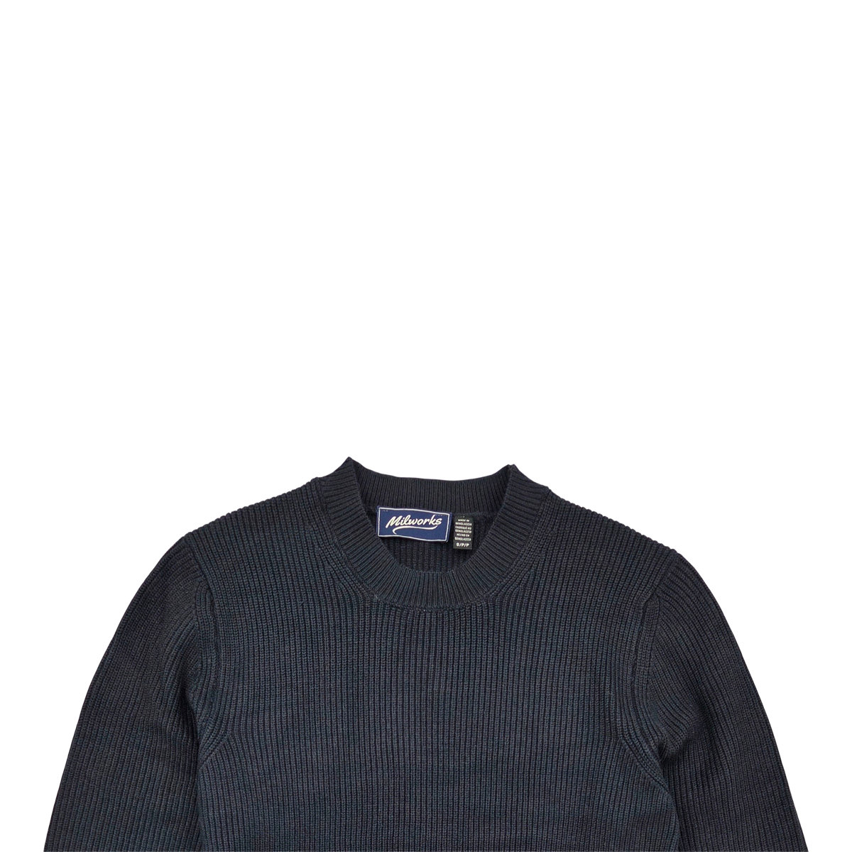 MILWORKS Thomas crew sweater in dark storm navy blue with a ribbed knit texture and crew neckline.