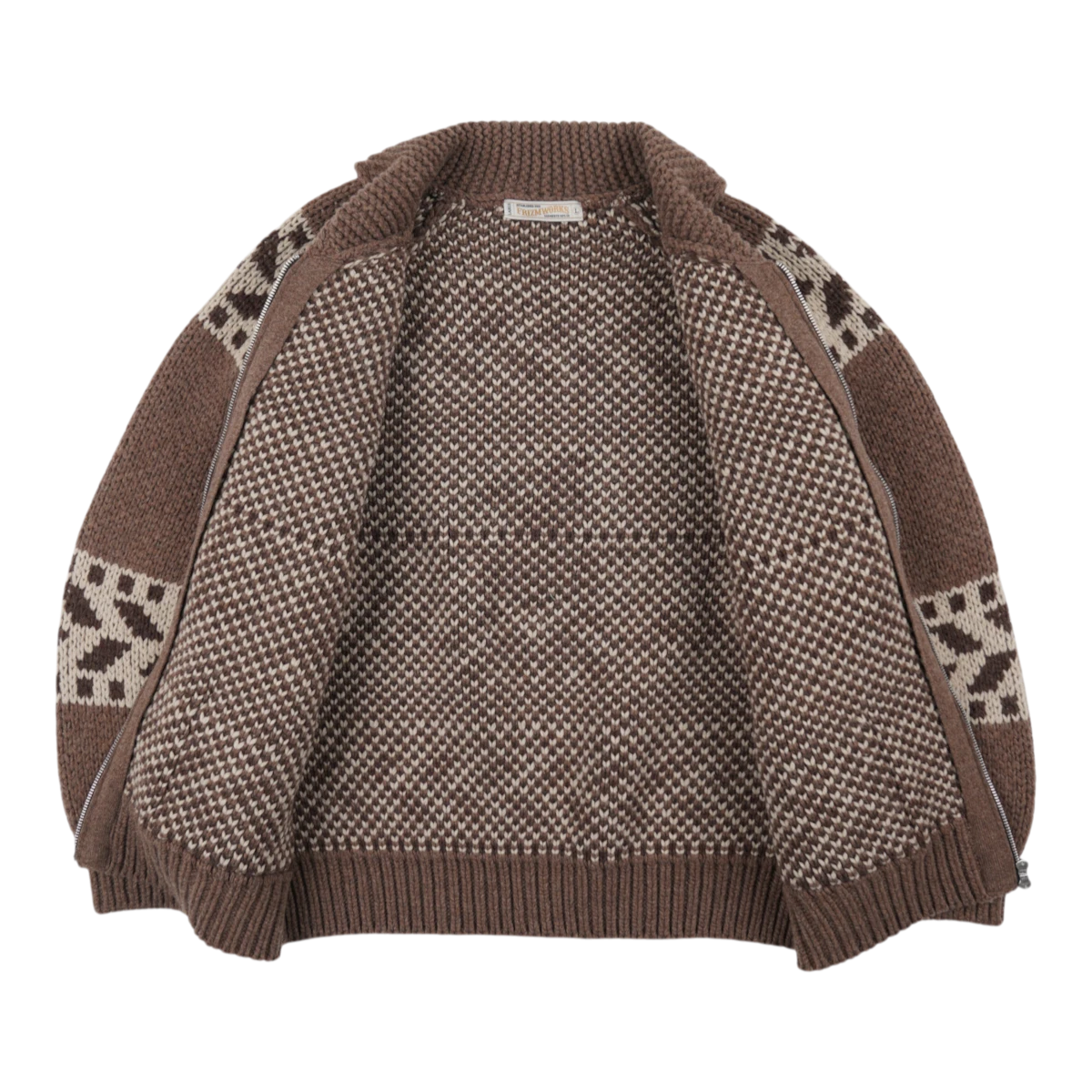 MILWORKS Thunderbird Heavy Cowichan Jacket in mocha wool blend with graphic thunderbird motif and two-way zipper.
