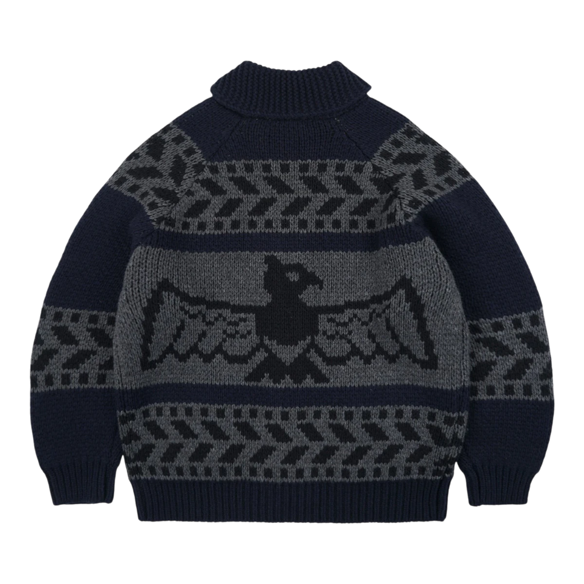 MILWORKS navy wool blend Cowichan cardigan jacket featuring a graphic thunderbird motif and ribbed collar.