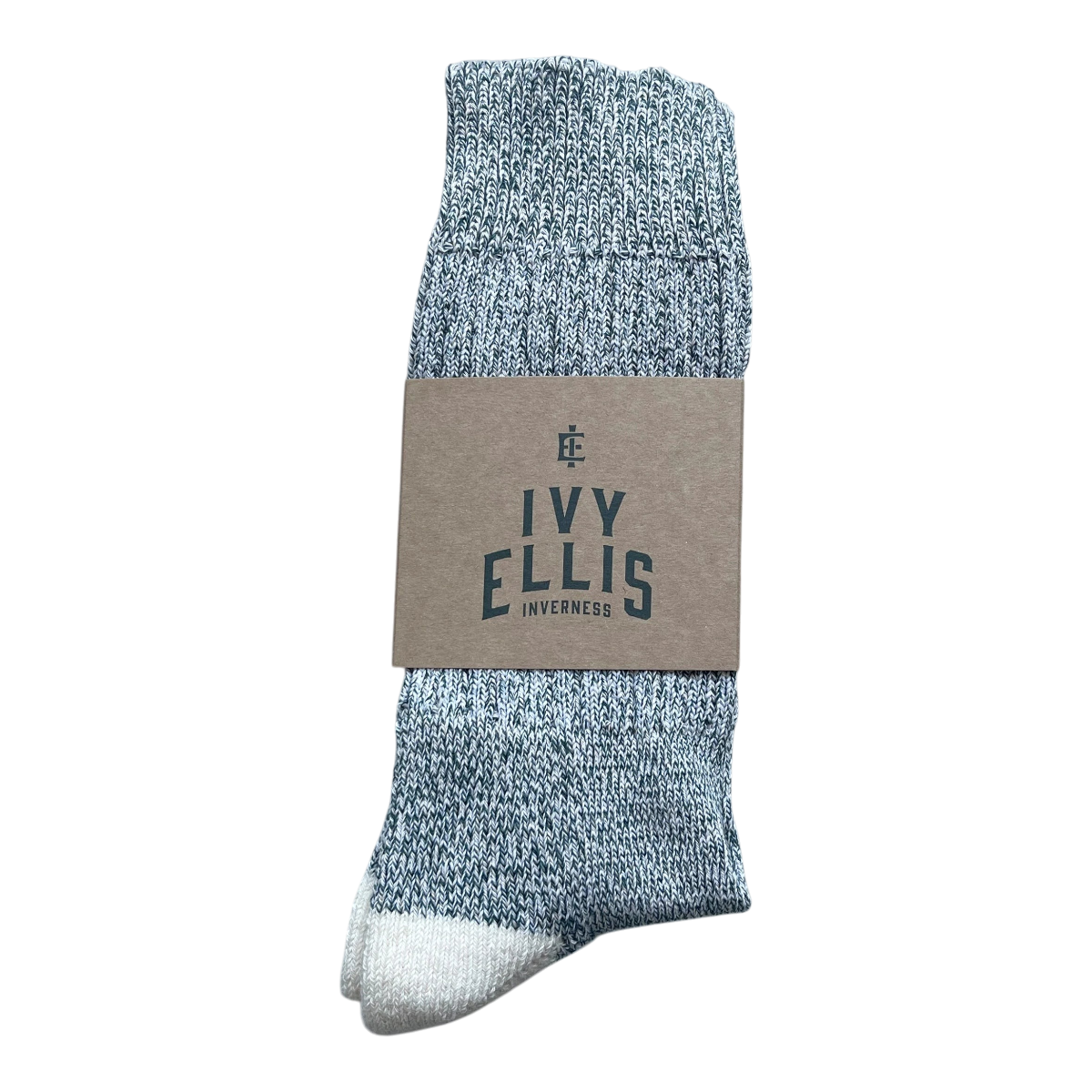 MILWORKS Tideline crew length socks in a blue and white marled cotton blend with a contrasting white heel