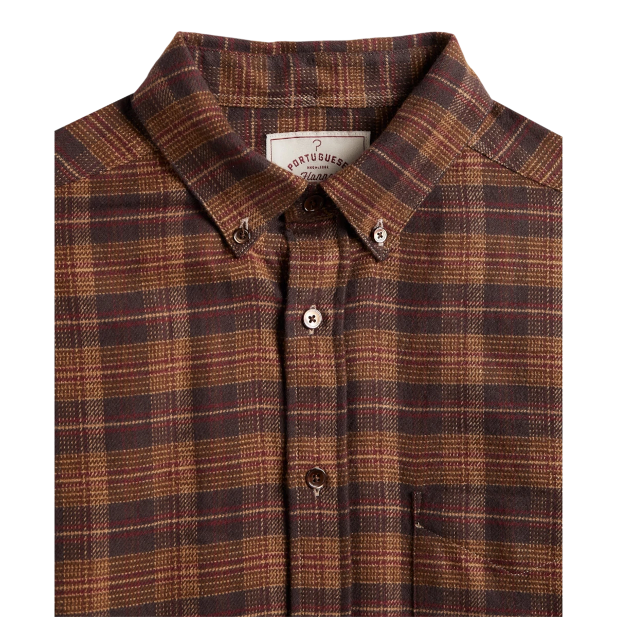 MILWORKS Trigo plaid flannel shirt in brown and red cotton with mother of pearl buttons and button-down collar