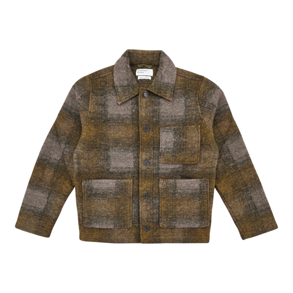 MILWORKS Universal Works Tag Jacket in olive melton check wool with a button-up front and three patch pockets.