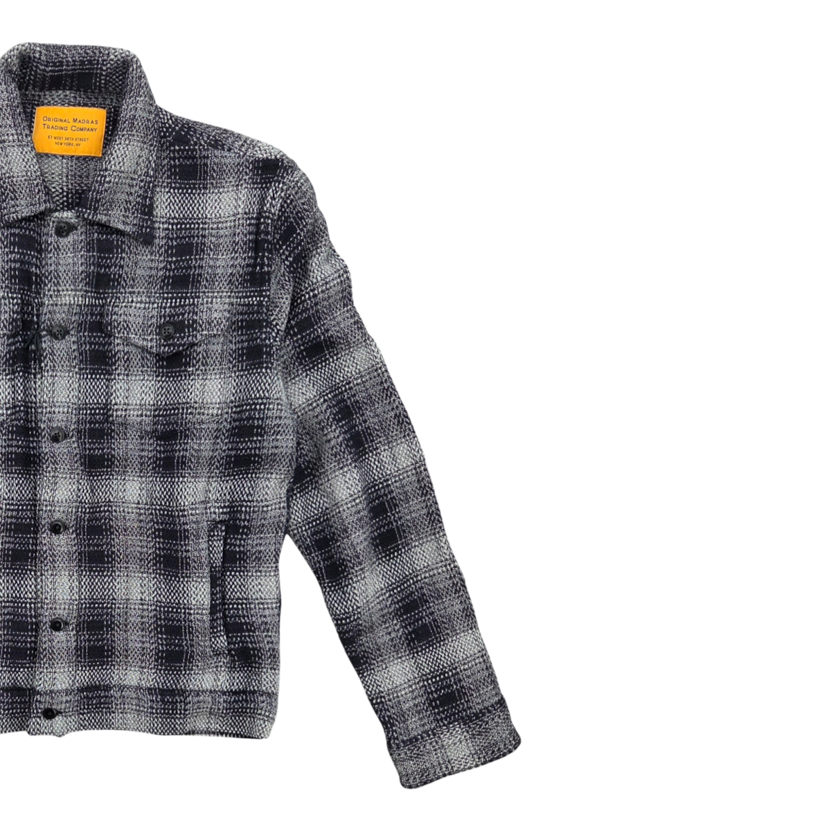 MILWORKS No176 utility jacket in a black and white chevron weave cotton check pattern with button-front closure.