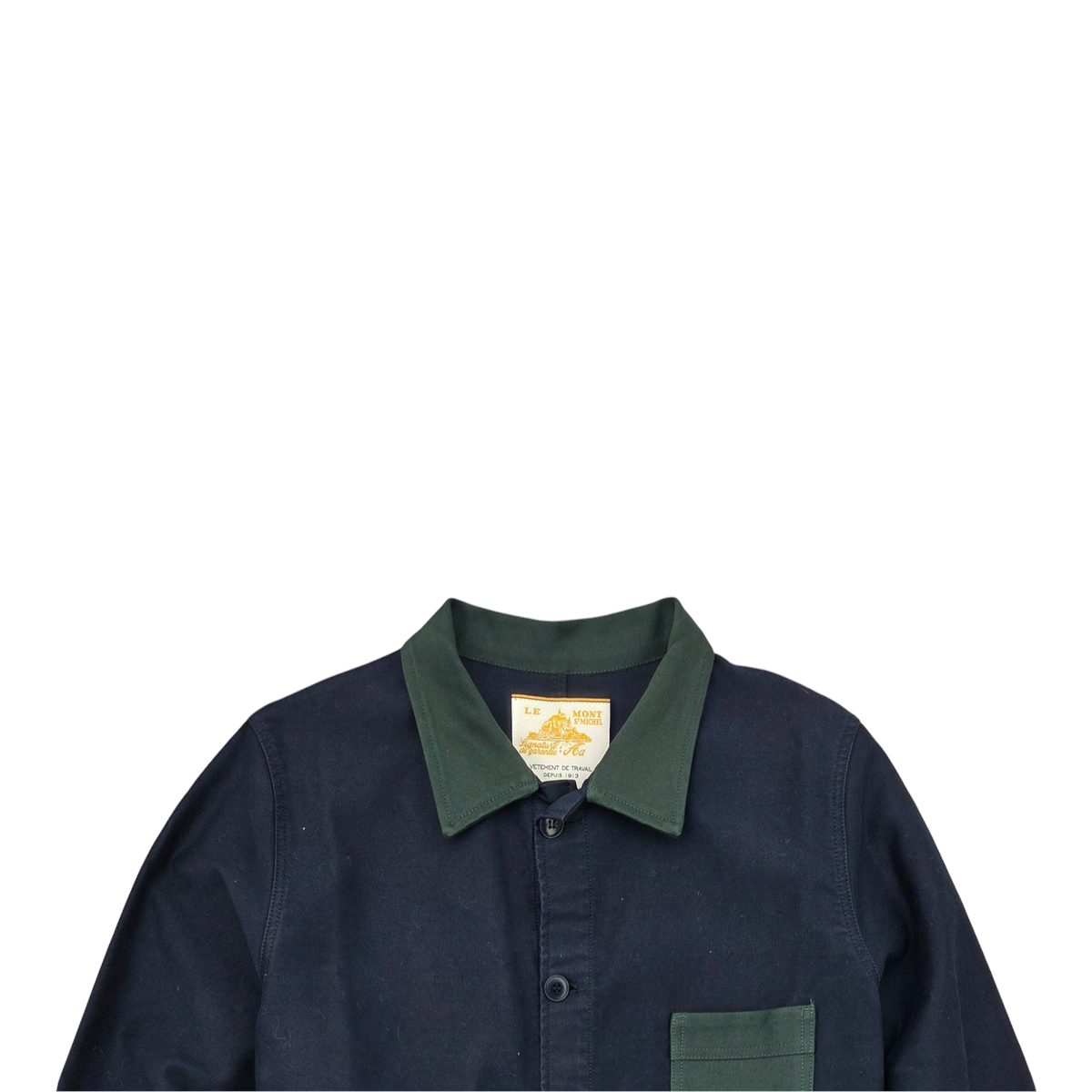 MILWORKS Valoris bicolor work jacket in navy blue with a contrasting dark green collar and chest pocket.