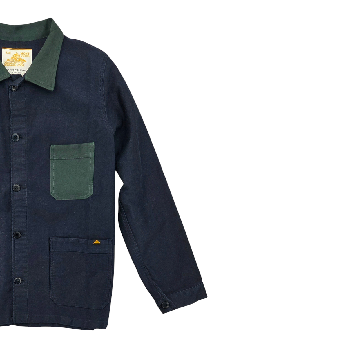 MILWORKS Valoris bicolor work jacket in navy blue with a contrasting green collar and chest pocket