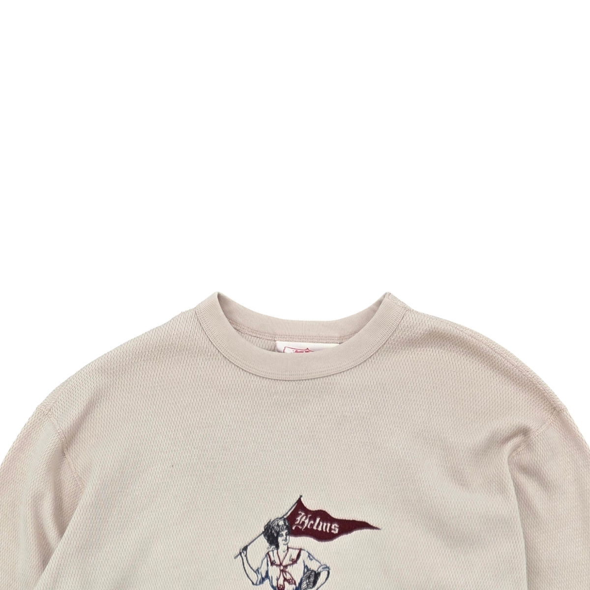 MILWORKS Varsity Thermal in natural beige waffle knit fabric with vintage-style multicolor graphic embroidery