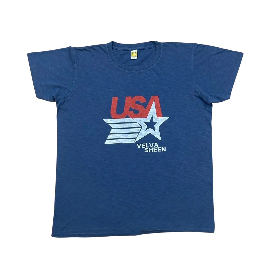 MILWORKS Velva Sheen blue crew neck t-shirt with vintage USA star graphic print made from US cotton fabric