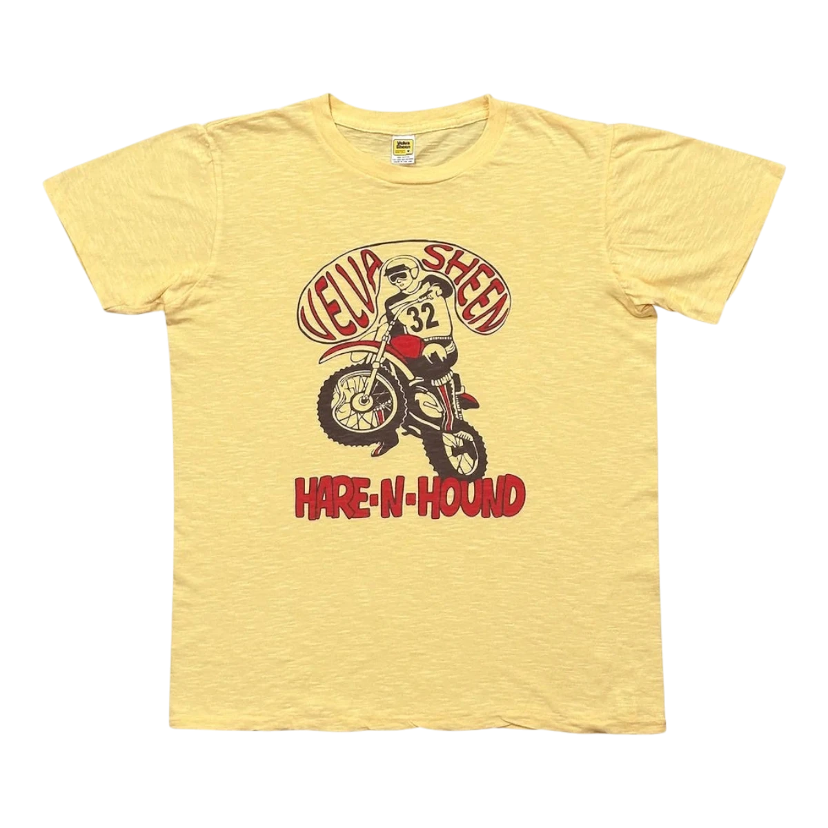 MILWORKS Velva Sheen custard yellow crew neck t-shirt with vintage Hare-N-Hound motorcycle graphic print