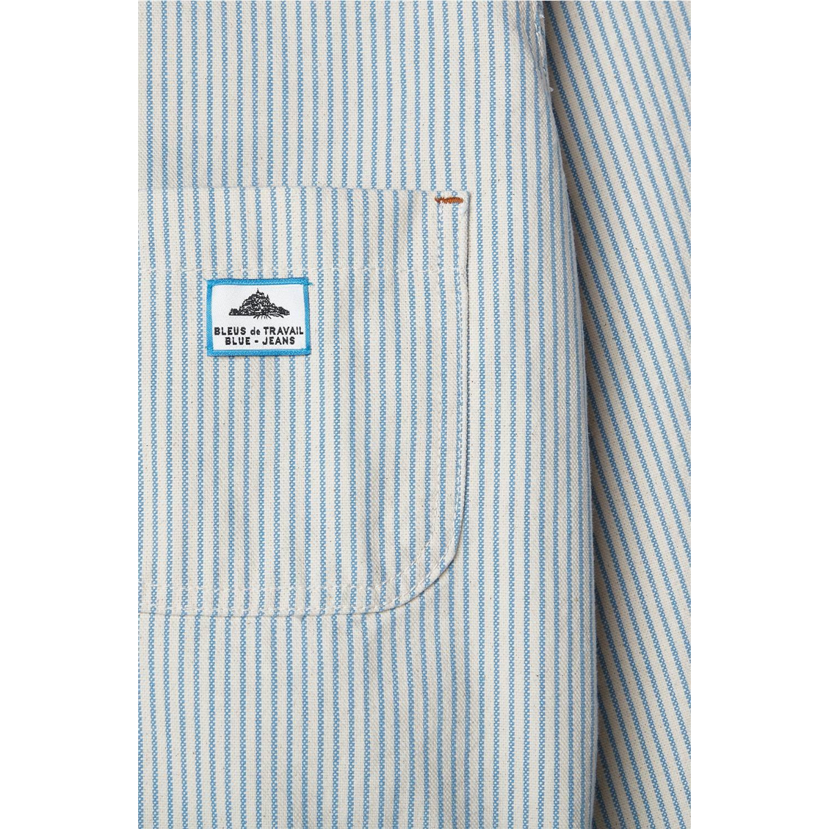 MILWORKS Vins work jacket in white and blue fine striped cotton with a branded chest pocket patch