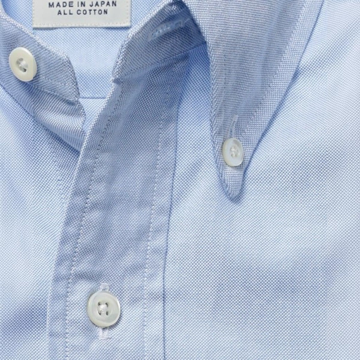 MILWORKS Vintage Ivy blue cotton oxford button-down shirt with takase shell buttons, made in Japan.